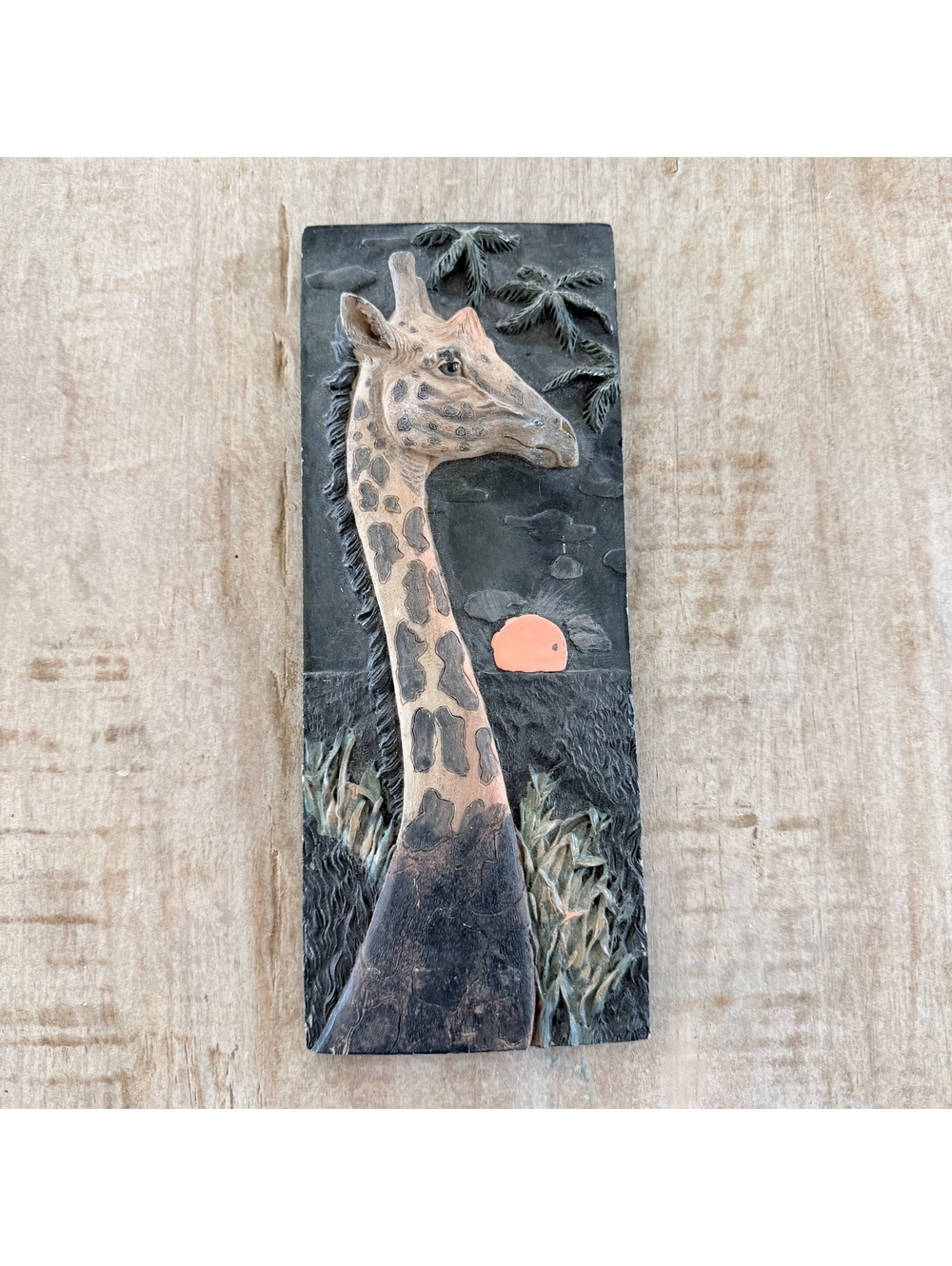 Giraffe Safari Wall Plaque Raised Relief African Animal Sunset Palm Trees 10”